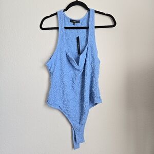 Lulus Stretchy Bodycon Embrace the Aesthetic Blue Lace Notched Bodysuit XL